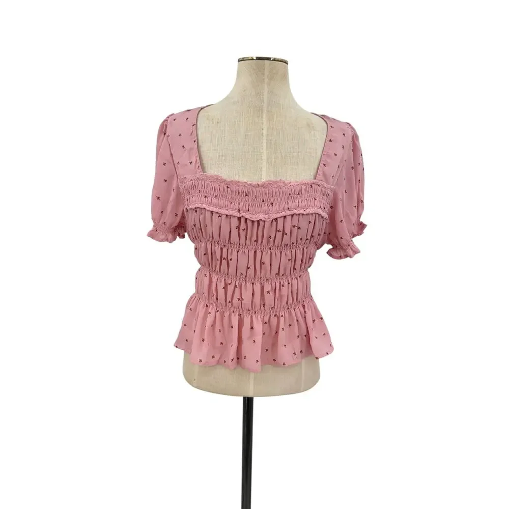 Free People Adore You Blouse Bleached Mauve Floral Smocked Pink Size Medium